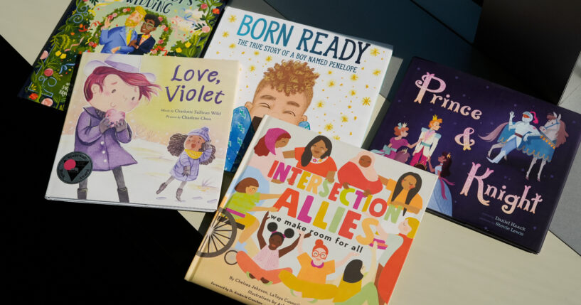 A selection of books featuring LGBT characters that are part of a Supreme Court case is pictured in Washington, D.C., on April 15.