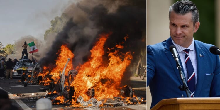 On Sunday, President Donald Trump directed Defense Secretary Pete Hegseth, right, along with Homeland Security Secretary Kristi Noem and Attorney General Pam Bondi, to take any action necessary to quell the riots, left, in Los Angeles, California.