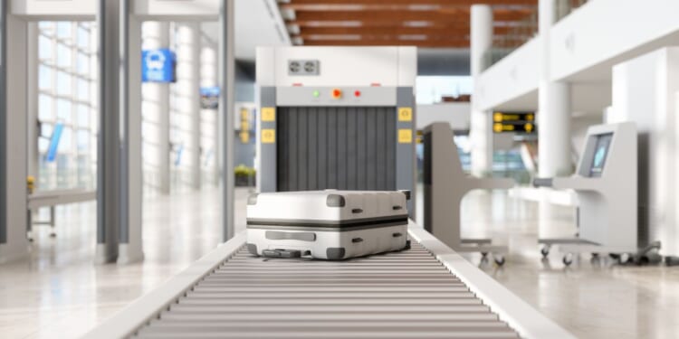 This stock image shows a bag preparing to go through an airport security checkpoint.