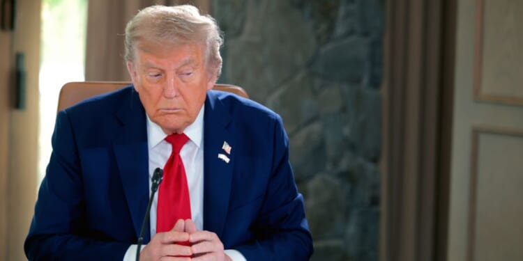 President Donald Trump participates in a meeting with fellow G7 leaders during a meeting at the G7 Leaders' Summit on June 16, 2025, in Kananaskis, Alberta.