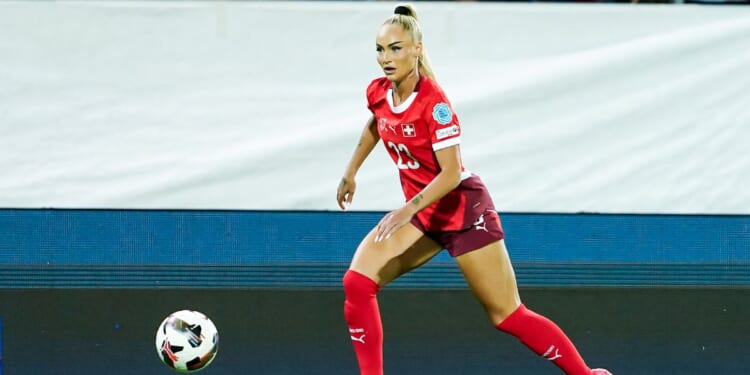 Alisha Lehmann of Switzerland controls the ball during the UEFA Women's Nations League 2024/25 Grp A2 MD6 match between Switzerland and Norway at Stade de Tourbillon on June 3, 2025, in Sion, Switzerland.