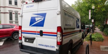 A United States Postal Service truck is parked while out for mail delivery on May 31, 2025, in Washington, D.C.