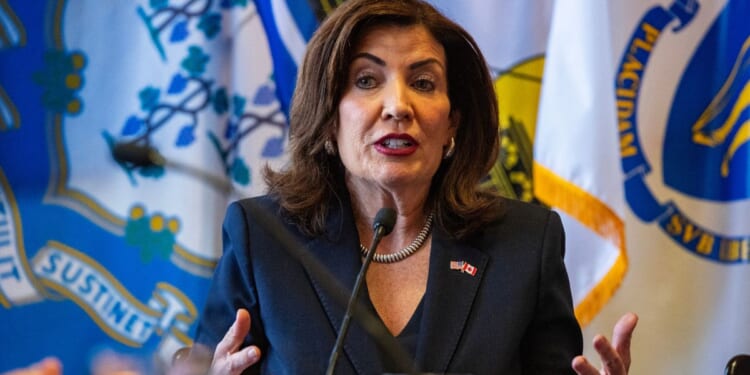 Gov. Kathy Hochul speaks during the Northeast Governors and Canadian Premiers moderated discussion in Boston, Massachusetts, on Monday.