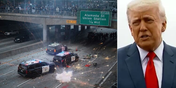 President Donald Trump, right, has a message for rioters in Los Angeles, California: "They spit, we hit."