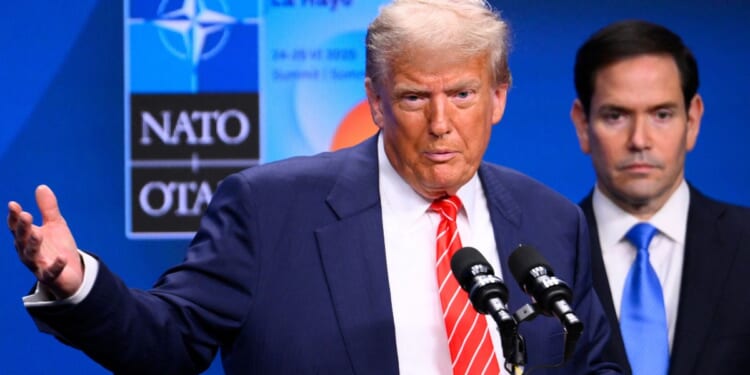 President Donald Trump attends a news conference during the North Atlantic Treaty Organization summit in The Hague, Netherlands, on Wednesday.