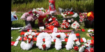Tributes in memory of Liverpool player Diogo Jota at Anfield Stadium, home of Liverpool FC in Liverpool, Thursday, July 3, 2025.