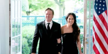 Television personalities Chip Gaines and Joanna Gaines arrive for a State Dinner with President Joe Biden and South Korean President Yoon Suk Yeol at the White House in Washington, D.C., on April 26, 2023.