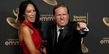 Joanna Gaines, left, and Chip Gaines pose in the press room on night one of the Creative Arts Emmy Awards on Saturday, Sept. 3, 2022, at the Microsoft Theater in Los Angeles.