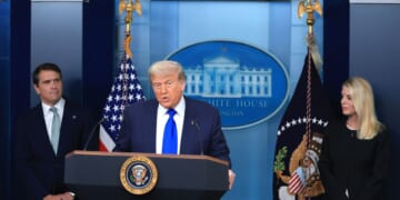 President Donald Trump, joined by Attorney General Pam Bondi and Deputy Attorney General Todd Blanche, speaks on recent Supreme Court rulings in the briefing room at the White House on June 27, 2025, in Washington, D.C.