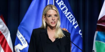 Attorney General Pam Bondi speaks during a news conference at the DEA headquarters on July 15, 2025, in Arlington, Virginia.