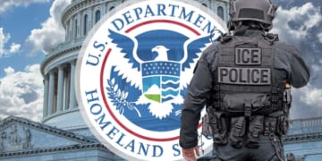 This stock image show the DHS logo with an ICE officer.