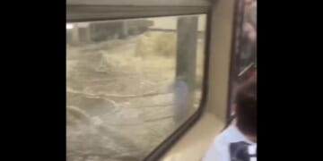 Video footage captured on Monday shows floodwaters pouring into the New York City subway.