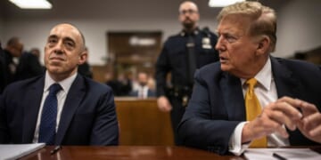 Donald Trump, right, appears in court with attorney Emil Bove, left, during his trial at Manhattan Criminal Court in New York City on May 21, 2024.
