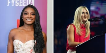 (L) Simone Biles attends Netflix's "Simone Biles Rising" FYC event at Hollywood Athletic Club on June 2, 2025 in Hollywood, California. (R) Former competitve swimmer Riley Gaines speaks during a campaign rally for Republican presidential nominee, former U.S. President Donald Trump at Desert Diamond Arena on August 23, 2024 in Glendale, Arizona.
