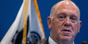 Border czar Tom Homan joins Homeland Security Secretary Kristi Noem at a news conference in New York following the weekend shooting of an off-duty Customs and Border Protection officer by an illegal migrant on July 21, 2025, in New York City.