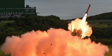 An U.S.-made MIM-104 Patriot surface-to-air missile is launched during a live fire exercise at the Chiupeng missile base in Pingtung county, Taiwan, on Aug. 20, 2024.