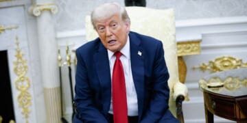 President Donald Trump delivers remarks while meeting with NATO Secretary General Mark Rutte in the Oval Office at the White House on July 14, 2025, in Washington, D.C.