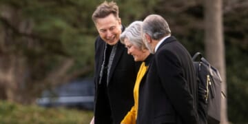 Tesla CEO Elon Musk walks with Secretary of Commerce Howard Lutnick and White House Chief of Staff Susie Wiles as they depart the White House in Washington, D.C., on March 7, 2025.