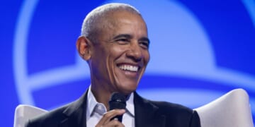 Former President Barack Obama moderates a conversation with Manu Meel, Co-Founder and CEO of BridgeUSA, Ainka Jackson, Founding executive director of the Selma Center for Nonviolence, Truth, and Reconciliation, and Nika Kovač, Director of Slovenia-based Institute 8th of March during the Obama Foundation's 2024 Democracy Forum on Dec. 5, 2024, in Chicago, Illinois.