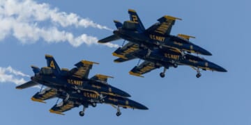 The U.S. Navy Blue Angels, flying the Boeing F/A-18 Super Hornet, perform during an air show at McConnell Air Force Base near Wichita, Kansas, on Aug. 24, 2024.
