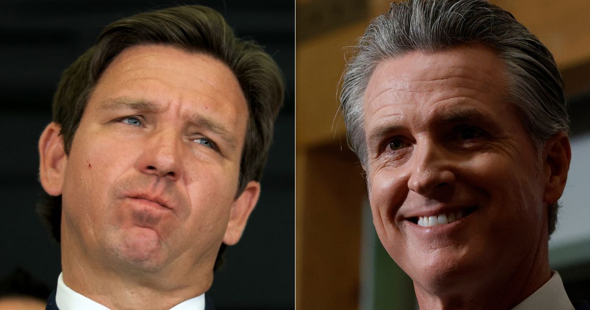 After a social media account tied to Gov. Gavin Newsom, right, blamed Gov Ron DeSantis, left, for the murder rate in Miami, Florida, DeSantis fired back.