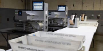 Ballot scanning machines seen during a tour in an election warehouse in Pittsburgh, Pennsylvania, on Oct. 30, 2024.