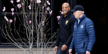 President Joe Biden arrives with Maryland Gov. Wes Moore to the Maryland Transportation Authority Police Headquarters, near the site of the collapsed Francis Scott Key Bridge, on April 5, 2024, in Baltimore, Maryland.