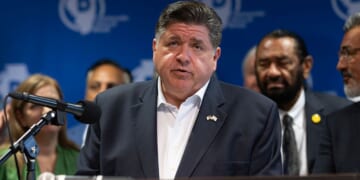 Gov. JB Pritzker, an Illinois Democrat, speaks during a news conference with Texas Democrats Aug. 5 in Aurora, Illinois.