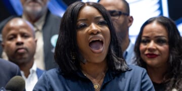 Rep. Jasmine Crockett joins Texas House Democrats for a news conference at the International Brotherhood of Electrical Workers in Warrenville, Illinois, on Monday.