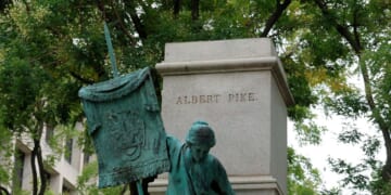 A pedestal that once held a statue of Confederate General Albert Pike sits near Judiciary Square on Aug. 5, 2025, in Washington, D.C.