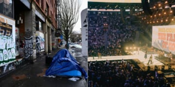 Portland, Oregon, left, is a city overrun with crime, drugs, and homelessness -- a city in need of revival, and in early August one Gospel Rally, right, saw 3,200 people come to God.