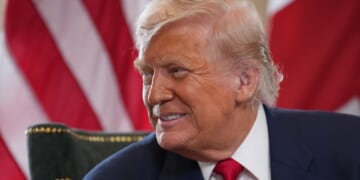 President Donald Trump speaks to British Prime Minister Keir Starmer in Turnberry, Scotland on July 28, 2025.