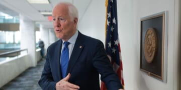 Sen. John Cornyn, a Republican from Texas, speaks to press after meeting with Drug Enforcement Administration nominee Terry Cole outside of his office at the Hart Senate Office Building on April 28, 2025, in Washington, D.C.