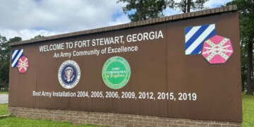 A sign outside the main gate of Fort Stewart, Georgia, is pictured on Wednesday.