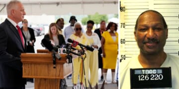 Tennessee Department of Correction Commissioner Frank Strada, left, reads a statement as relatives of victims of convicted murderer Byron Black listen outside Riverbend Maximum Security Institution after Black's execution, Tuesday in Nashville, Tennessee.