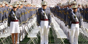 Cadets watch ahead of commencement ceremonies before President Donald Trump delivers the commencement address at the U.S. Military Academy West Point in West Point, New York, on May 24.