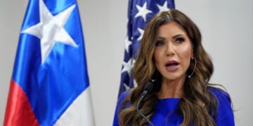 Secretary of Homeland Security Kristi Noem speaks to the press next to Chile's Minister of Public Security Luis Cordero after signing a letter of intent for a Biometric Identification Transnational Migration Alert Program during a meeting at the Security Ministry headquarters in Santiago on July 30, 2025.
