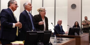 Defense attorneys Richard G. Novak, left, Michael N. Burt, and Kathryn Nester, who are representing Tyler Robinson, the man accused of killing Charlie Kirk at Utah Valley University, appear Monday at a waiver hearing in Utah County Court in Provo, Utah.