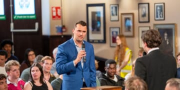 Charlie Kirk debates with students at The Cambridge Union on May 19, 2025, in Cambridge, Cambridgeshire.