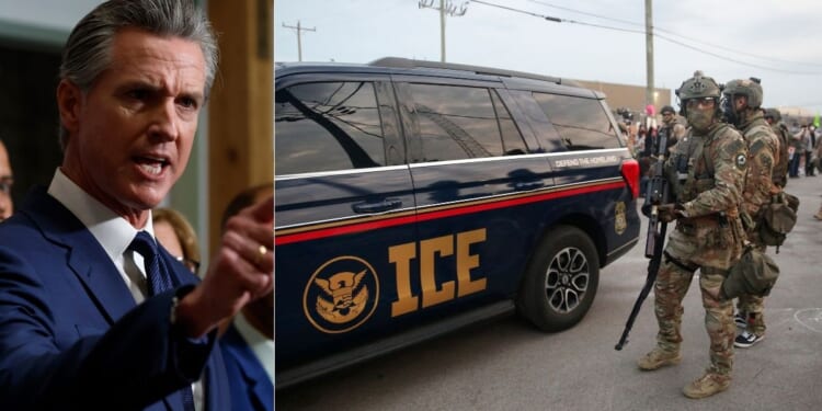 Gov. Gavin Newsom, left, tried to make face masks illegal for ICE agents, but DHS said ICE agents will not follow his law.