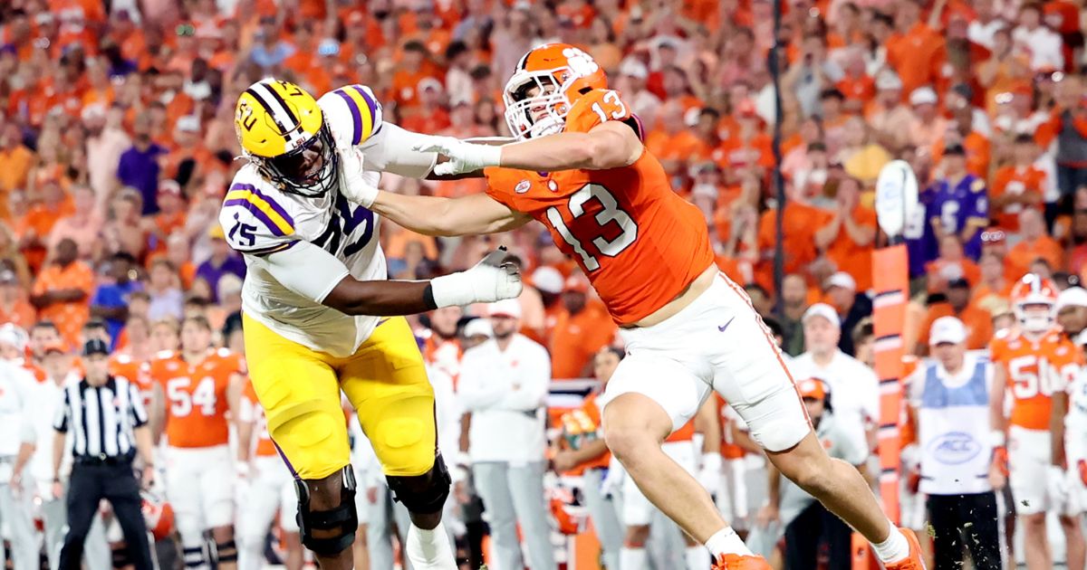 Wide receiver Parker Fulghum of the Clemson Tigers defends against offensive tackle Weston Davis of the LSU Tigers during the third quarter at Memorial Stadium on Aug. 30, 2025, in Clemson, South Carolina.