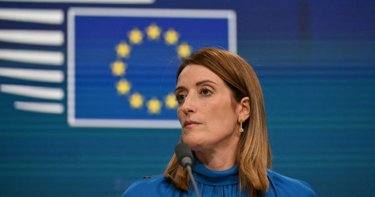European Parliament President Roberta Metsola speaks during a press conference at the European Council in Brussels on June 26, 2025.