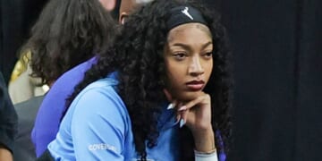 Angel Reese of the Chicago Sky looks on from the bench in the second quarter of their game against the Las Vegas Aces in Las Vegas, Nevada, on Sunday.
