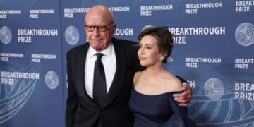 Rupert Murdoch and Elena Zhukova attend the 11th Breakthrough Prize Ceremony at Barker Hangar on April 5 in Santa Monica, California.