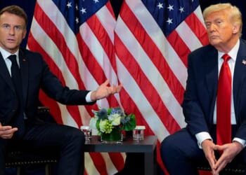 French President Emmanuel Macron , left, speaks Tuesday during a bilateral meeting with President Donald Trump at the 80th session of the UN’s General Assembly at the United Nations headquarters in New York City.