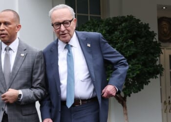 House Minority Leader Hakeem Jeffries and Senate Minority Leader Charles Schumer leave the White House following a meeting with President Donald Trump on Sept. 29, 2025, in Washington, D.C.