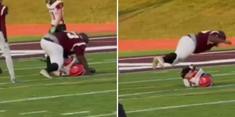 A football player from Kalamazoo Central High School appeared to jump on a prone Lakeshore High School student on Sept. 18, 2025, in Michigan.