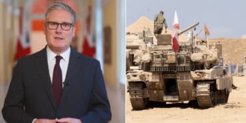 British Prime Minister Keir Starmer, left; Israeli tanks on the Gaza border, right.