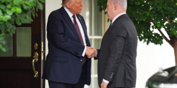 President Donald Trump, left, shakes the hand of Israeli Prime Minister Benjamin Netanyahu, right, at the White House in Washington, D.C, on Monday.