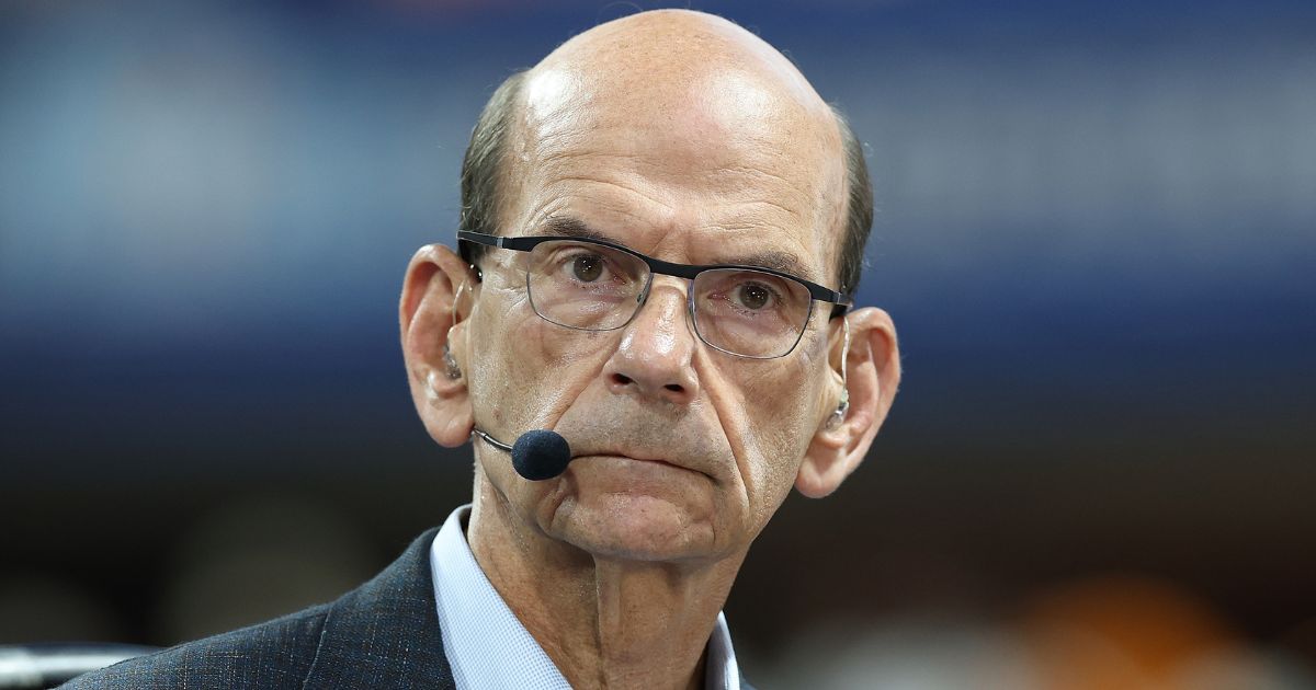Paul Finebaum sits on the set of SEC Network prior to the 2025 Aflac Kickoff Game between the Syracuse Orange and the Tennessee Volunteers in Atlanta, Georgia, on Aug. 30.